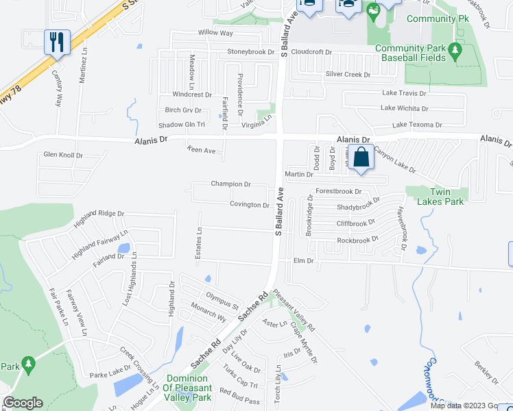 map of restaurants, bars, coffee shops, grocery stores, and more near 116 Covington Drive in Wylie