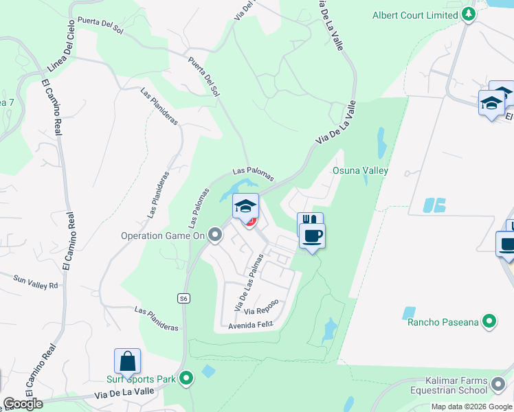 map of restaurants, bars, coffee shops, grocery stores, and more near 101 Via Coronado in Rancho Santa Fe