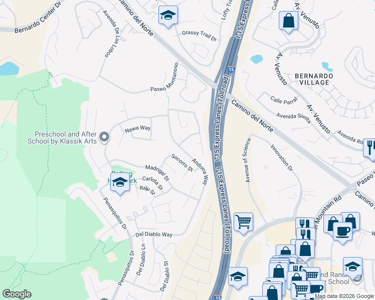 map of restaurants, bars, coffee shops, grocery stores, and more near 15389 Andorra Way in San Diego