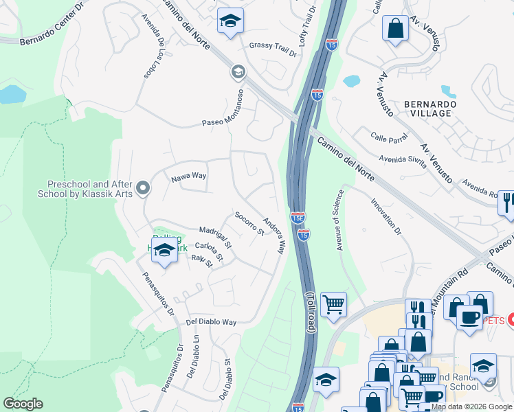 map of restaurants, bars, coffee shops, grocery stores, and more near 11375 Ajanta Court in San Diego