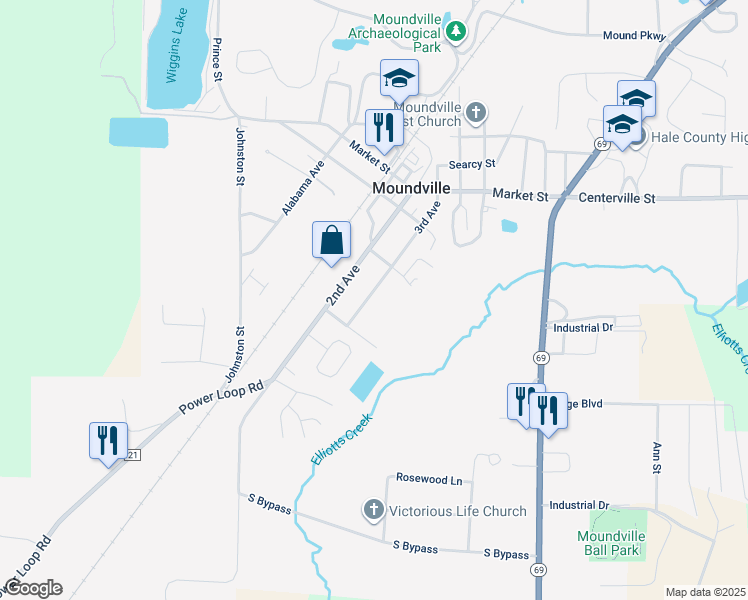 map of restaurants, bars, coffee shops, grocery stores, and more near 138 3rd Avenue in Moundville