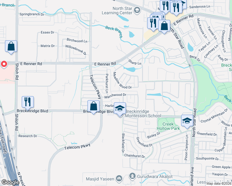 map of restaurants, bars, coffee shops, grocery stores, and more near 3102 Pond View Drive in Richardson