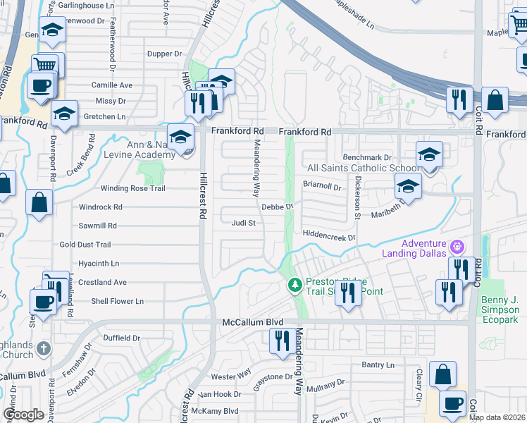 map of restaurants, bars, coffee shops, grocery stores, and more near 7139 Debbe Drive in Dallas