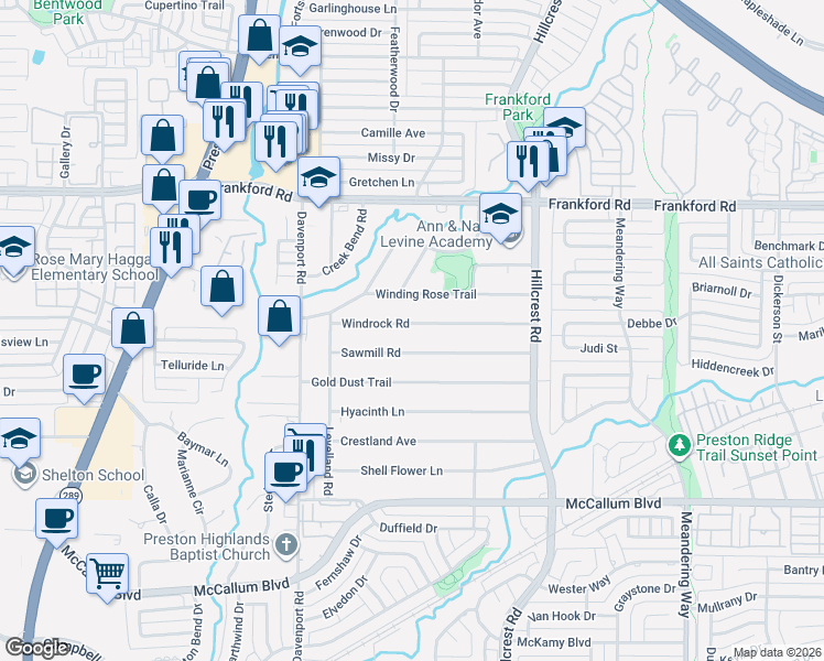 map of restaurants, bars, coffee shops, grocery stores, and more near 6705 Windrock Road in Dallas