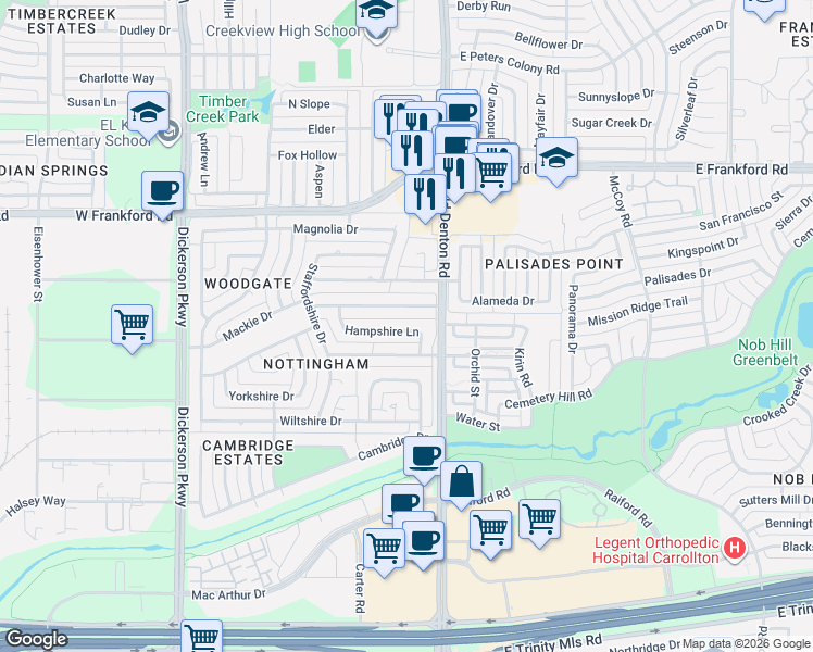 map of restaurants, bars, coffee shops, grocery stores, and more near 1015 Oxfordshire Drive in Carrollton