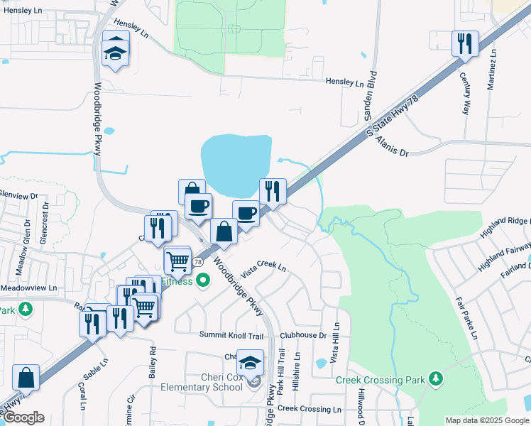 map of restaurants, bars, coffee shops, grocery stores, and more near 7932 Country Club Drive in Sachse