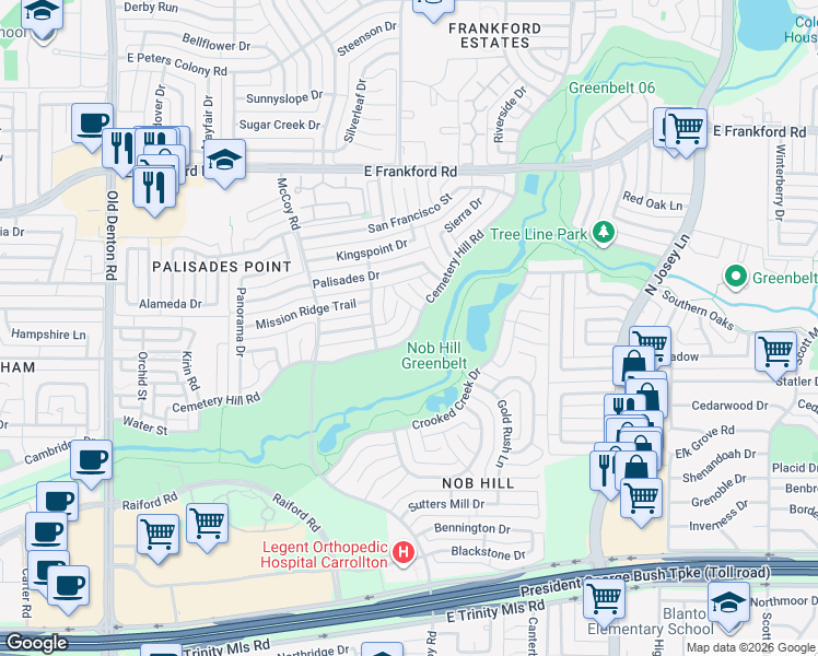 map of restaurants, bars, coffee shops, grocery stores, and more near 1630 Piedmont Place in Carrollton
