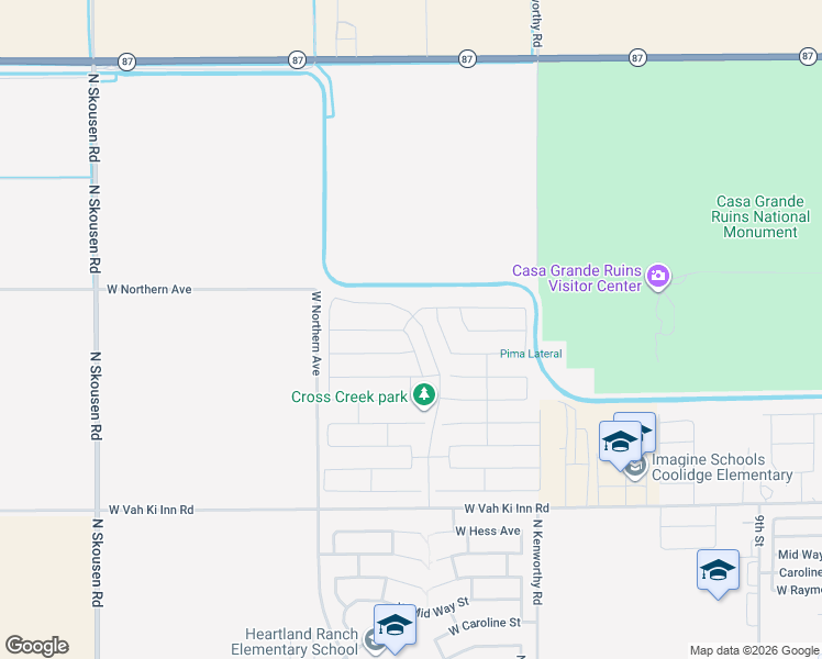 map of restaurants, bars, coffee shops, grocery stores, and more near 1343 North Topaz Trail in Coolidge