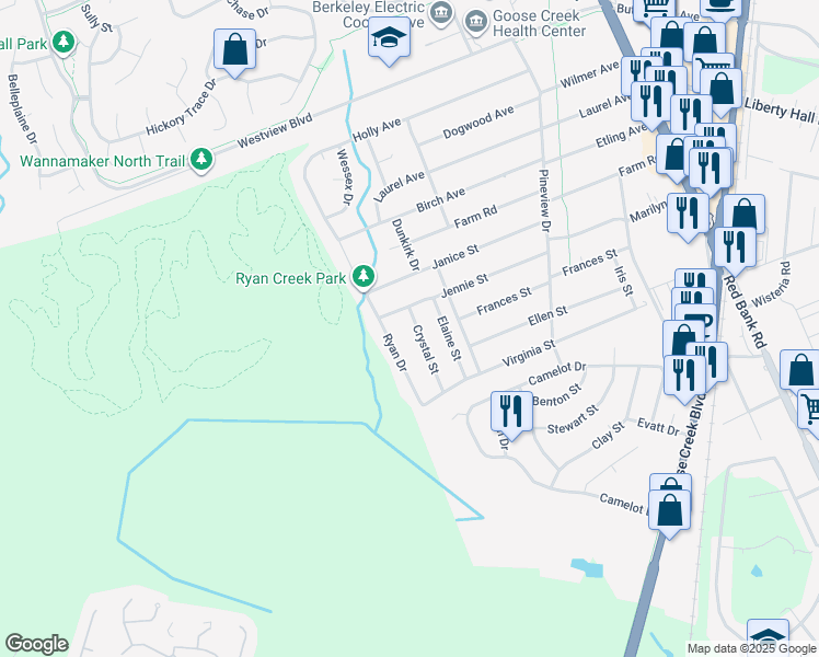 map of restaurants, bars, coffee shops, grocery stores, and more near 104 Crystal Street in Goose Creek