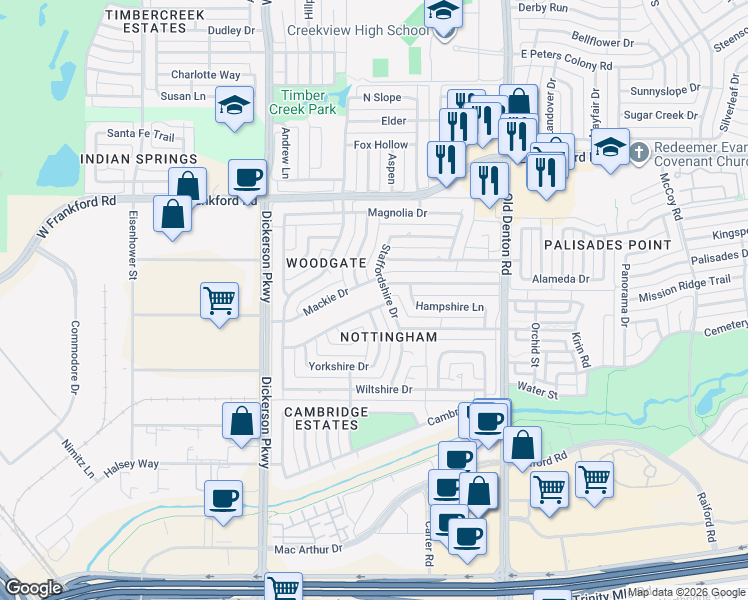 map of restaurants, bars, coffee shops, grocery stores, and more near 1033 Oxfordshire Drive in Carrollton