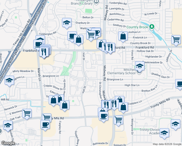 map of restaurants, bars, coffee shops, grocery stores, and more near 3939 Briargrove Lane in Dallas