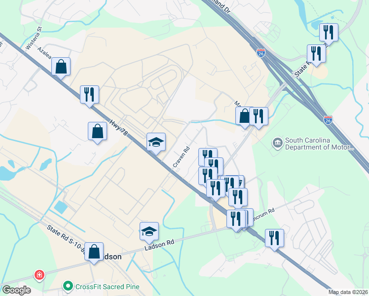 map of restaurants, bars, coffee shops, grocery stores, and more near 111 Craven Road in Ladson