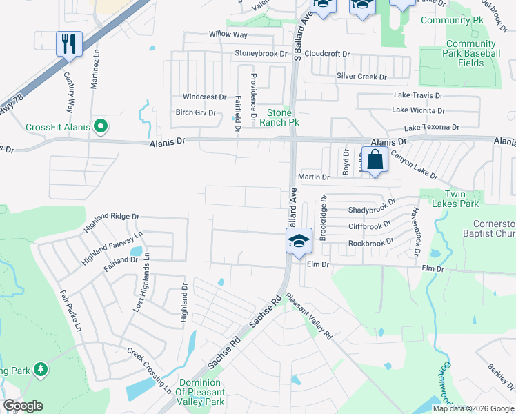 map of restaurants, bars, coffee shops, grocery stores, and more near 116 Covington Drive in Wylie
