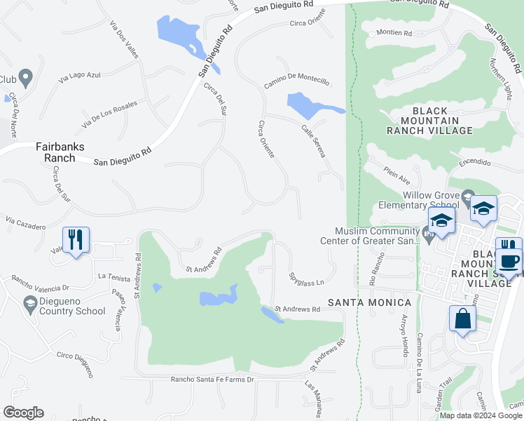 map of restaurants, bars, coffee shops, grocery stores, and more near 17227 Circa Oriente in Rancho Santa Fe