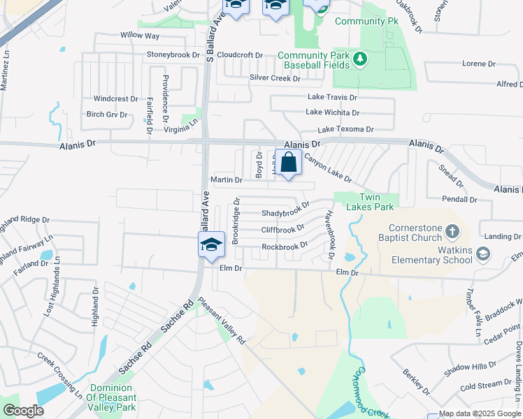 map of restaurants, bars, coffee shops, grocery stores, and more near 113 Shadybrook Drive in Wylie