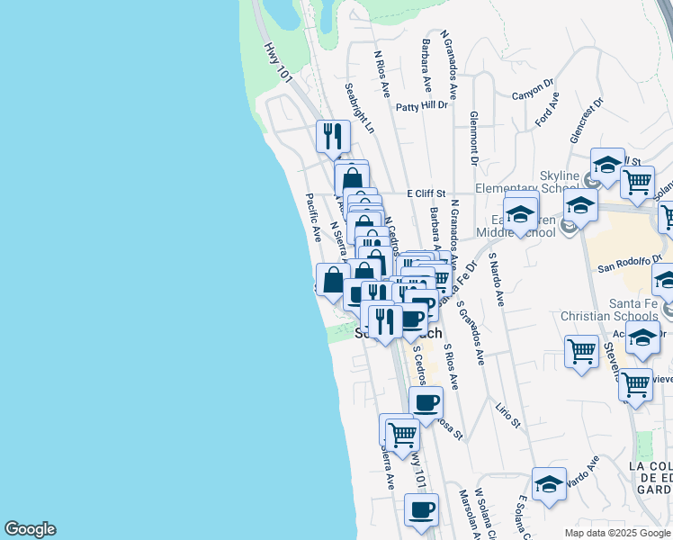 map of restaurants, bars, coffee shops, grocery stores, and more near 244 Pacific Avenue in Solana Beach