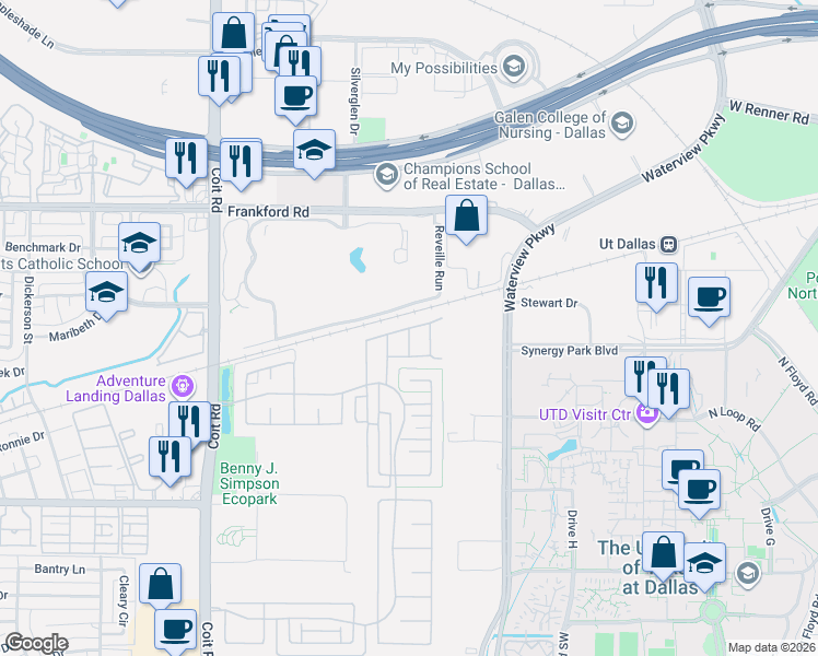map of restaurants, bars, coffee shops, grocery stores, and more near 8231 Snapdragon Way in Dallas