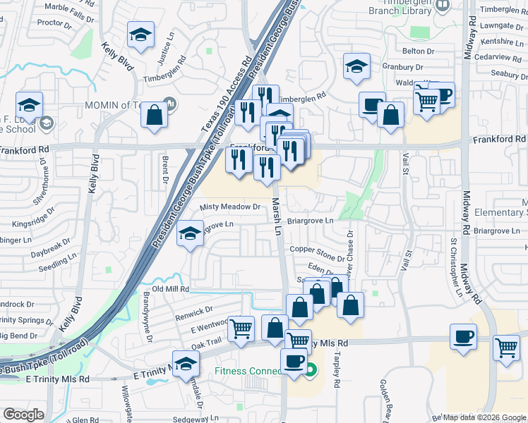 map of restaurants, bars, coffee shops, grocery stores, and more near 344 Misty Meadow Drive in Dallas