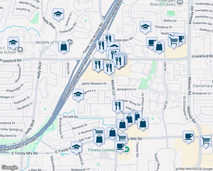 map of restaurants, bars, coffee shops, grocery stores, and more near 344 Misty Meadow Drive in Dallas