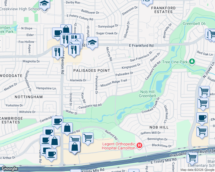 map of restaurants, bars, coffee shops, grocery stores, and more near 1515 Mission Ridge Trail in Carrollton