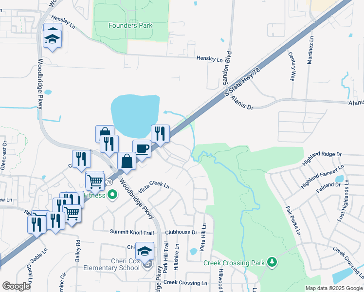 map of restaurants, bars, coffee shops, grocery stores, and more near 7920 Country Club Drive in Sachse