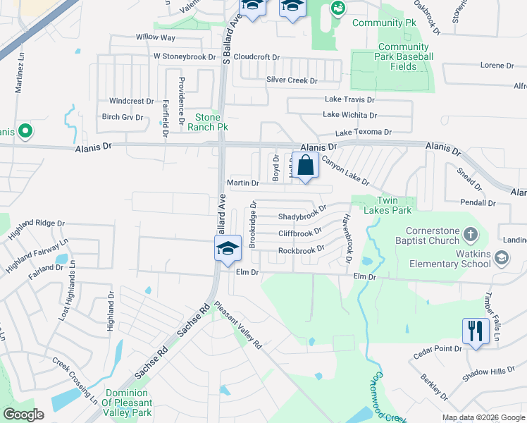 map of restaurants, bars, coffee shops, grocery stores, and more near 100 Forestbrook Drive in Wylie