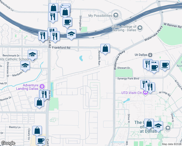map of restaurants, bars, coffee shops, grocery stores, and more near 8231 Snapdragon Way in Dallas
