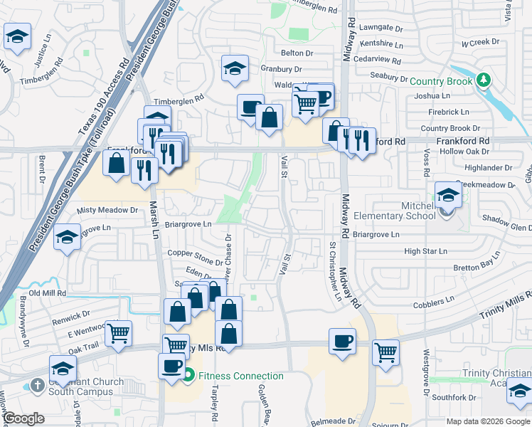 map of restaurants, bars, coffee shops, grocery stores, and more near 3839 Briargrove Lane in Dallas