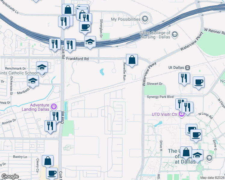 map of restaurants, bars, coffee shops, grocery stores, and more near 8231 Snapdragon Way in Dallas