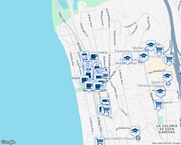 map of restaurants, bars, coffee shops, grocery stores, and more near 105 North Cedros Avenue in Solana Beach