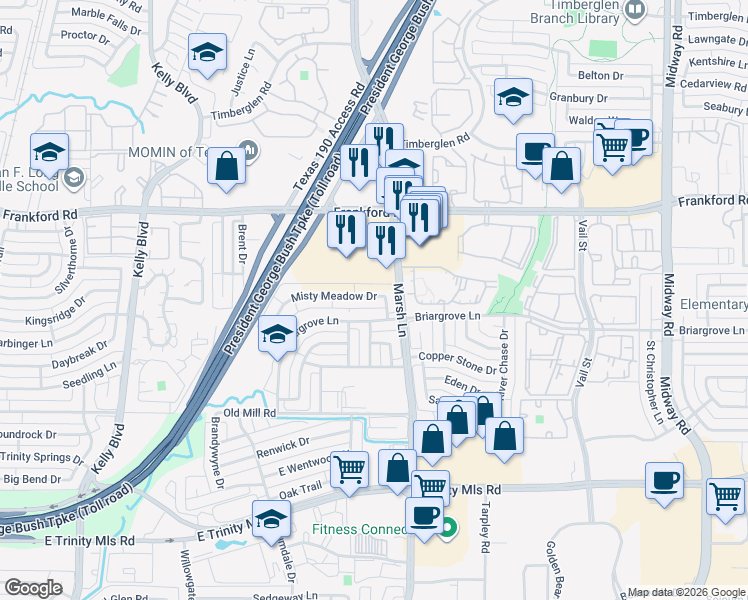 map of restaurants, bars, coffee shops, grocery stores, and more near 344 Misty Meadow Drive in Dallas