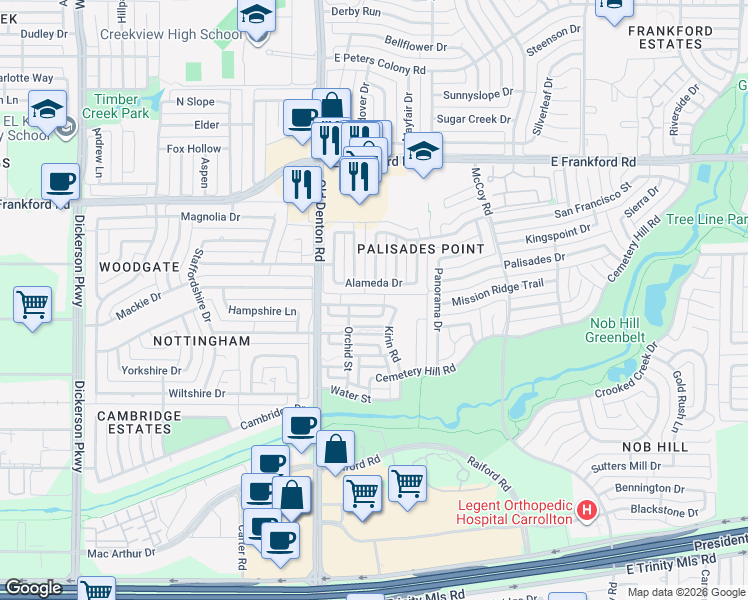 map of restaurants, bars, coffee shops, grocery stores, and more near 1129 Moonstone Street in Carrollton