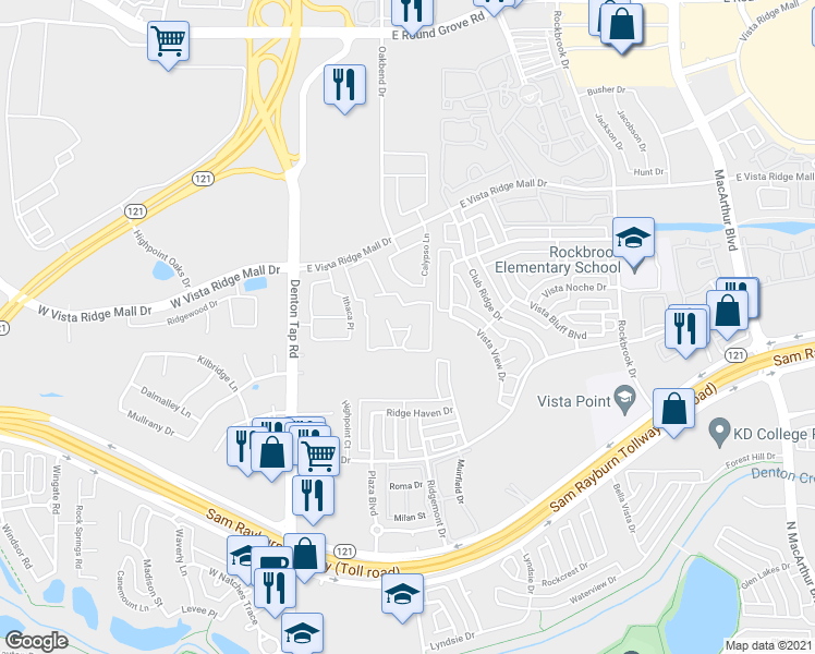map of restaurants, bars, coffee shops, grocery stores, and more near 160 East Vista Ridge Mall Drive in Lewisville
