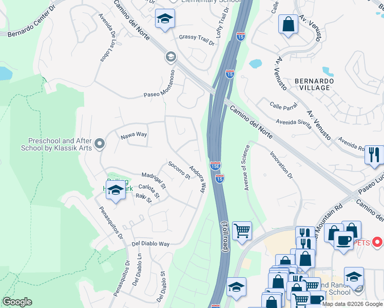 map of restaurants, bars, coffee shops, grocery stores, and more near 11381 Ajanta Court in San Diego