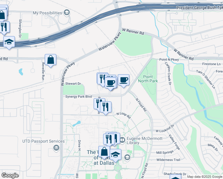map of restaurants, bars, coffee shops, grocery stores, and more near 3000 Northside Boulevard in Richardson