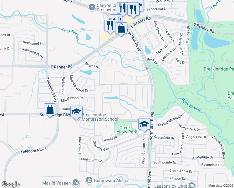map of restaurants, bars, coffee shops, grocery stores, and more near 3217 Danmire Drive in Richardson