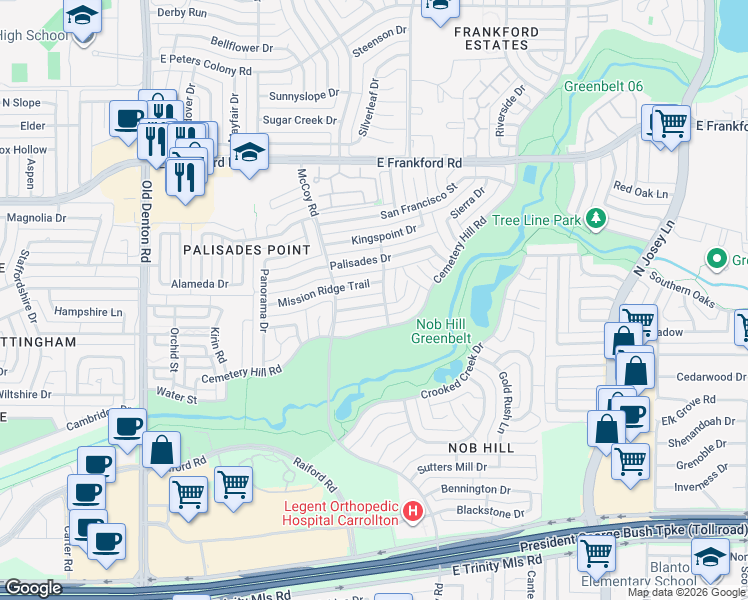 map of restaurants, bars, coffee shops, grocery stores, and more near 1615 Piedmont Place in Carrollton