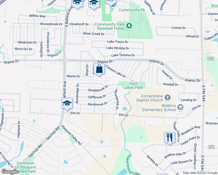 map of restaurants, bars, coffee shops, grocery stores, and more near 218 Shadybrook Dr in Wylie