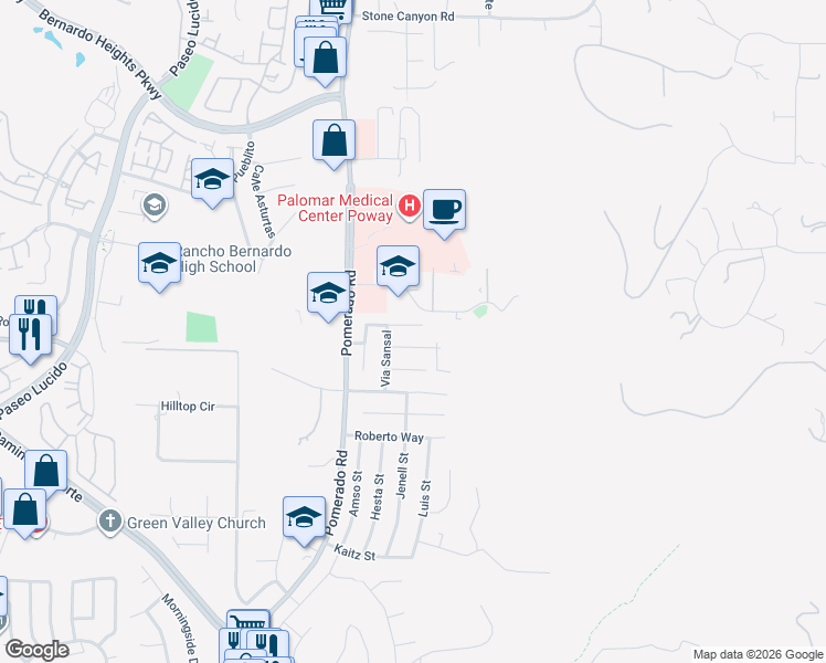 map of restaurants, bars, coffee shops, grocery stores, and more near 12733 Via La Gardenia in Poway