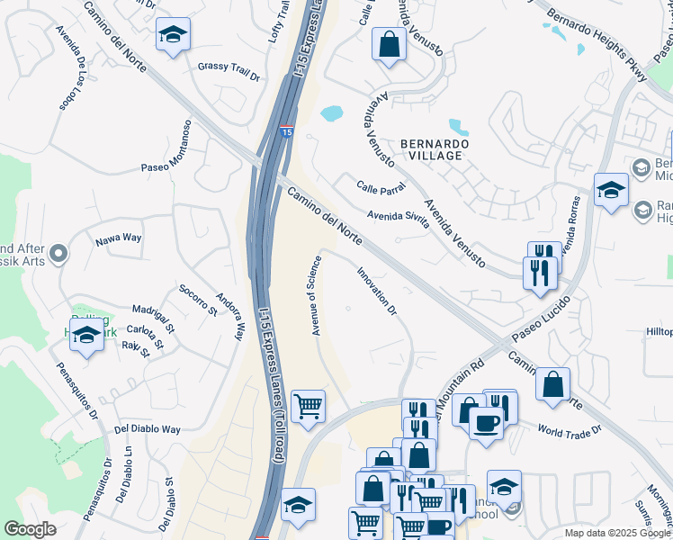 map of restaurants, bars, coffee shops, grocery stores, and more near 15333 Avenue of Science in San Diego