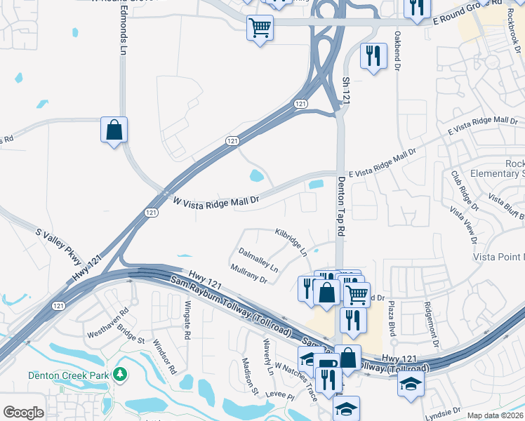map of restaurants, bars, coffee shops, grocery stores, and more near 302 Ridgewood Drive in Lewisville