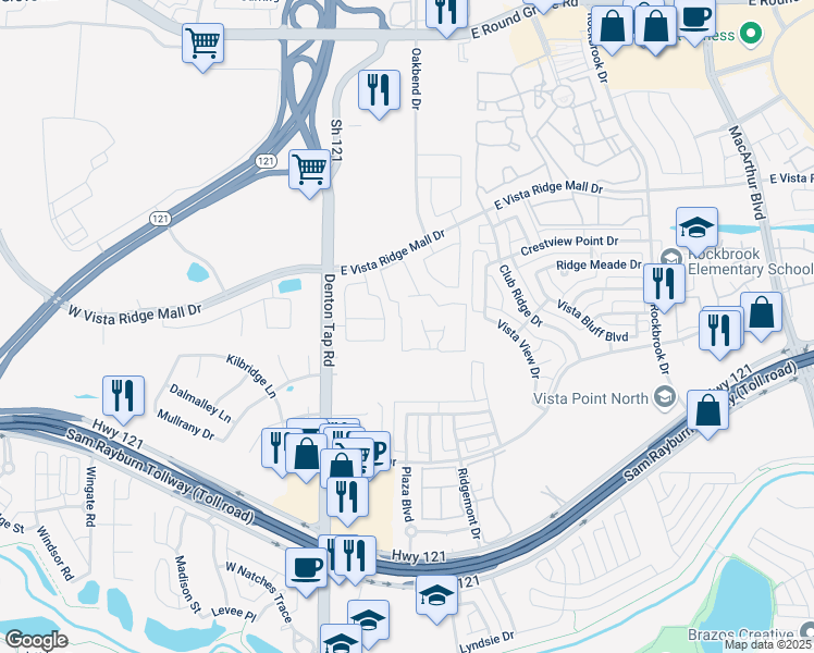 map of restaurants, bars, coffee shops, grocery stores, and more near 160 East Vista Ridge Mall Drive in Lewisville