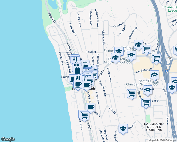 map of restaurants, bars, coffee shops, grocery stores, and more near 201 North Rios Avenue in Solana Beach