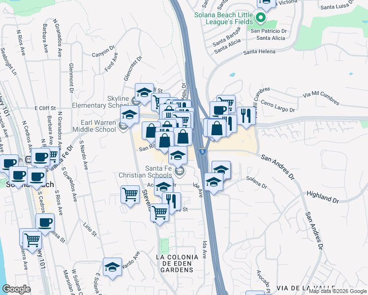 map of restaurants, bars, coffee shops, grocery stores, and more near 681 San Rodolfo Drive in Solana Beach