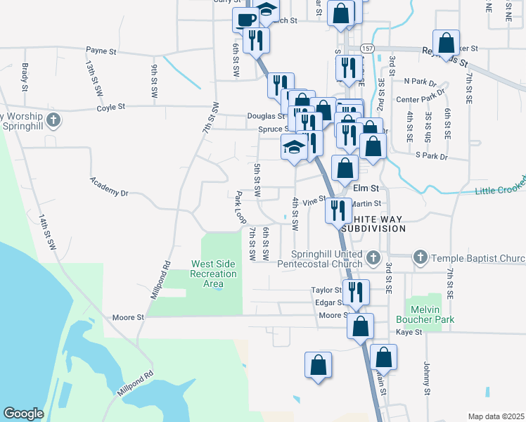 map of restaurants, bars, coffee shops, grocery stores, and more near 1012 4th Street Southwest in Springhill