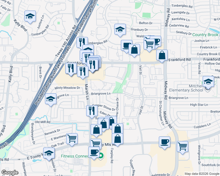 map of restaurants, bars, coffee shops, grocery stores, and more near 3653 Briargrove Lane in Dallas