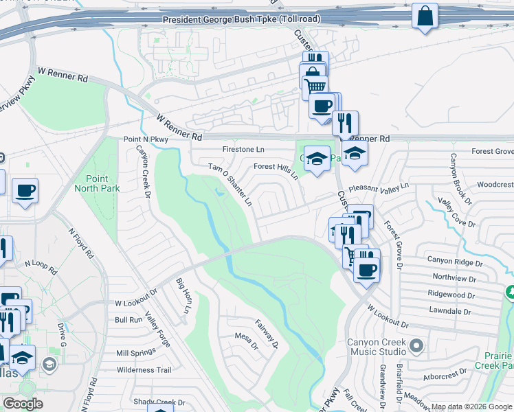 map of restaurants, bars, coffee shops, grocery stores, and more near 8 Doral Place in Richardson