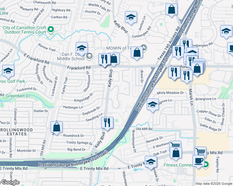 map of restaurants, bars, coffee shops, grocery stores, and more near 3003 Harbinger Lane in Dallas