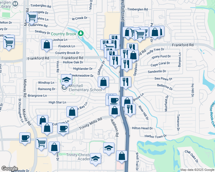 map of restaurants, bars, coffee shops, grocery stores, and more near 4615 Creekmeadow Drive in Dallas