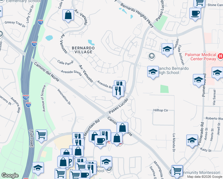 map of restaurants, bars, coffee shops, grocery stores, and more near 15219 Avenida Rorras in San Diego